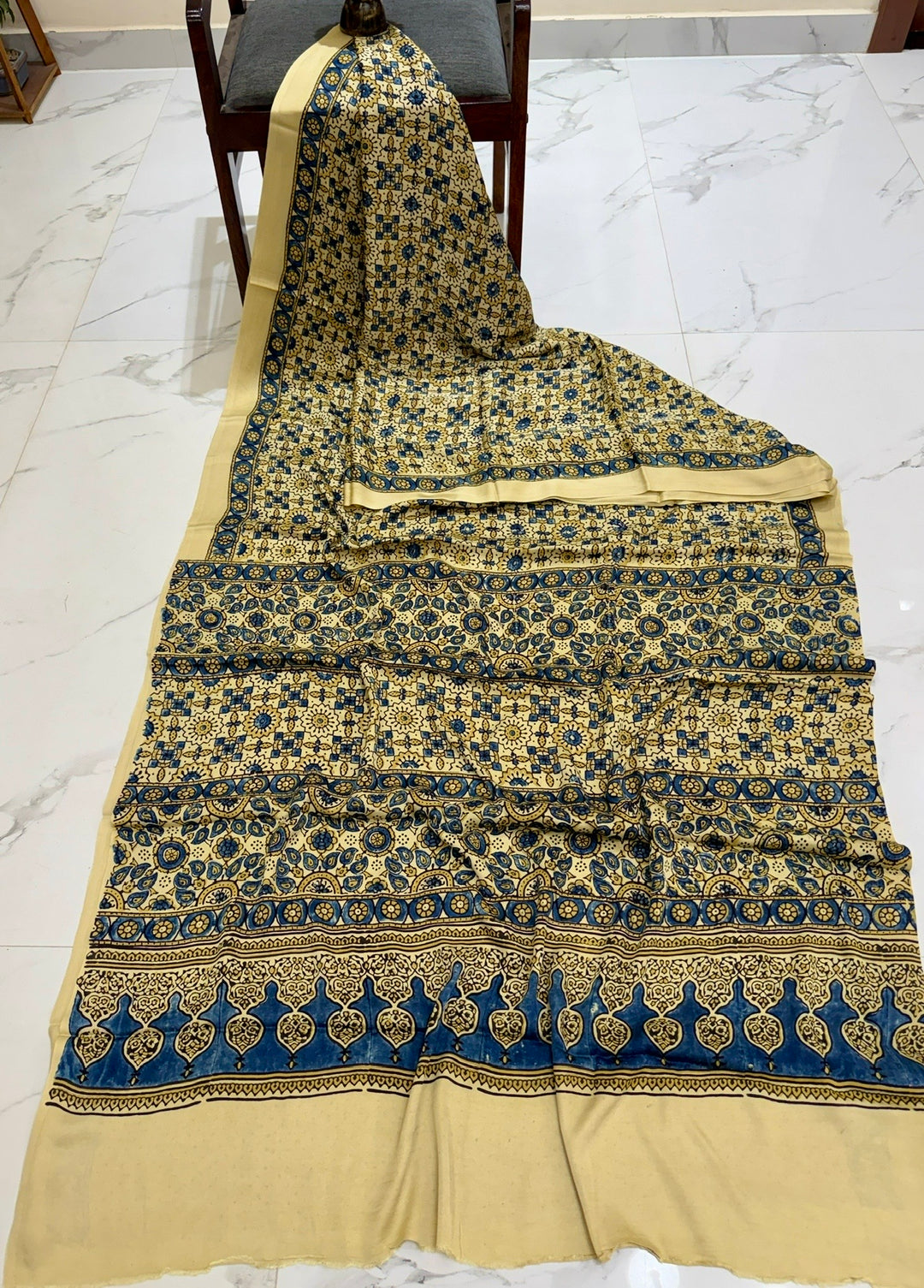 Cream & Indigo Pure Modal Silk Ajrakh Saree with Geometric Lattice Handblock