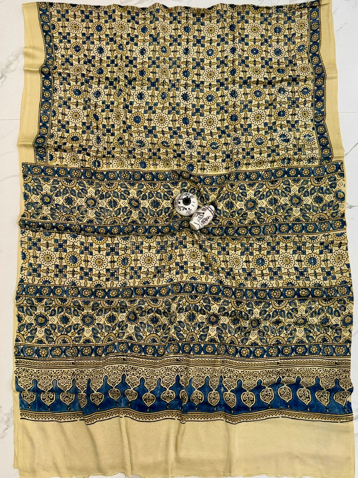 Cream & Indigo Pure Modal Silk Ajrakh Saree with Geometric Lattice Handblock