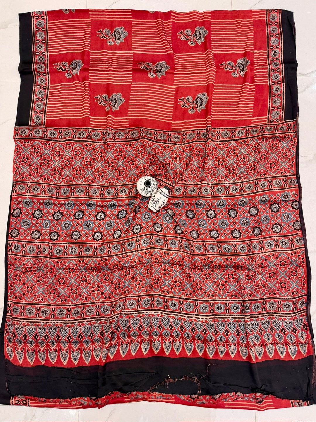 Rust Red Pure Modal Silk Ajrakh Saree with Contemporary Linear & Floral Print