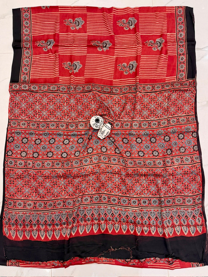 Rust Red Pure Modal Silk Ajrakh Saree with Contemporary Linear & Floral Print
