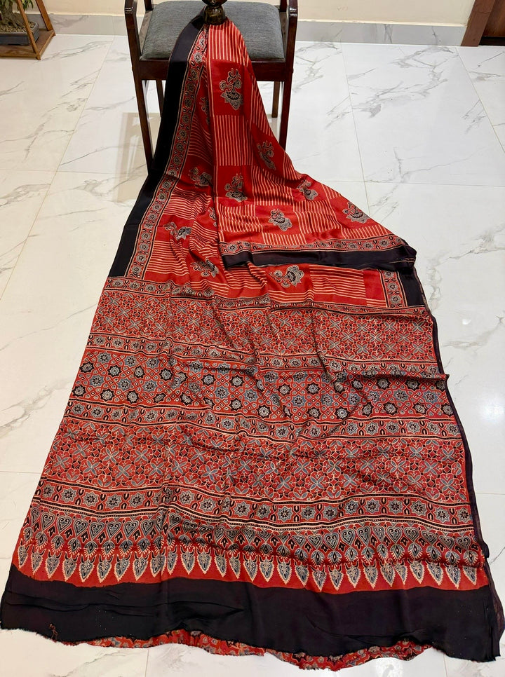 Rust Red Pure Modal Silk Ajrakh Saree with Contemporary Linear & Floral Print
