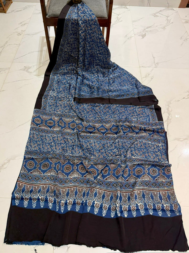 Royal Indigo Blue Pure Modal Silk Ajrakh Saree with Intricate All-Over Handblock