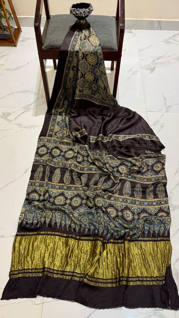 Midnight Black Pure Gajji Silk Ajrakh Handblock Saree with Olive Tissue Pallu