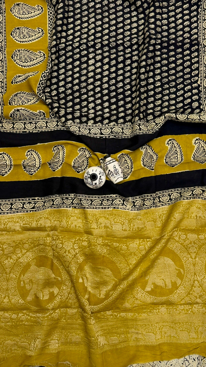 Pure Dola Silk Ajrakh Handblock Printed Saree in Mustard Yellow and Black Paisley