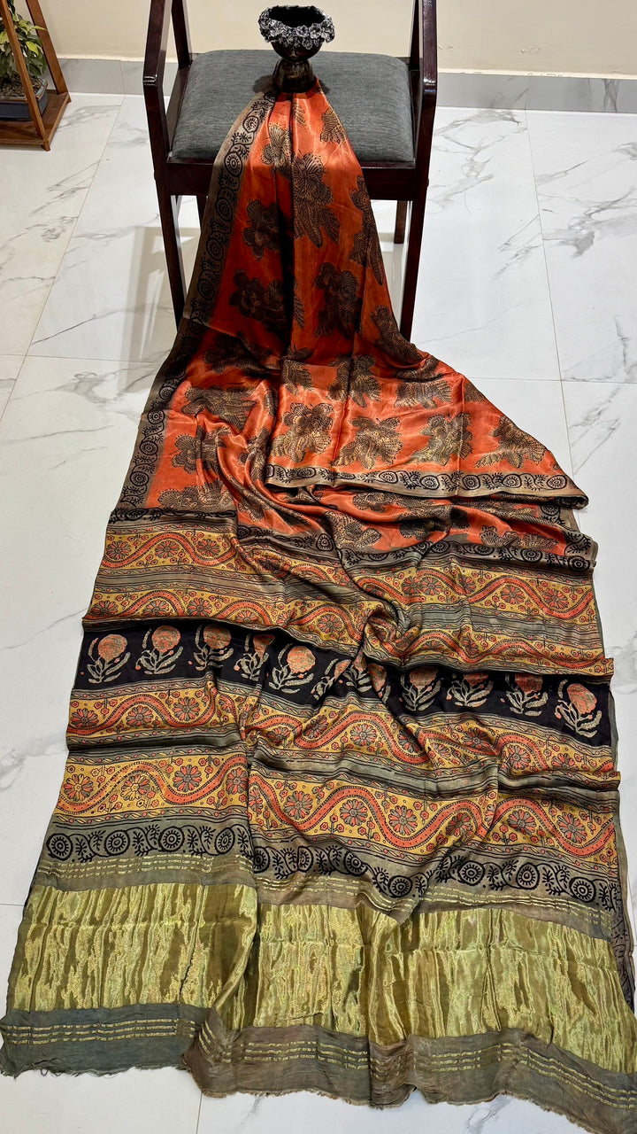 Rust Orange and Black Pure Gajji Silk Ajrakh Handblock Printed Saree with Tissue Pallu