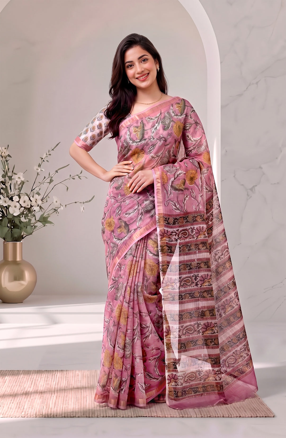 Mauve Pink Floral Handblock Pure Kota Doria Saree with Zari Border