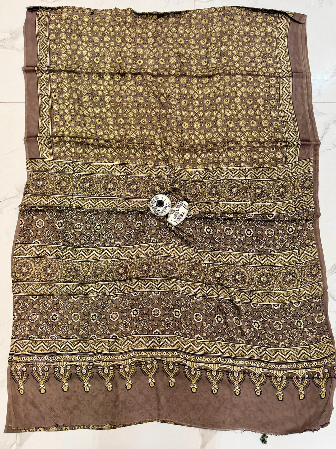 Earthy Taupe Pure Modal Silk Ajrakh Saree with Intricate Geometric Handblock Print