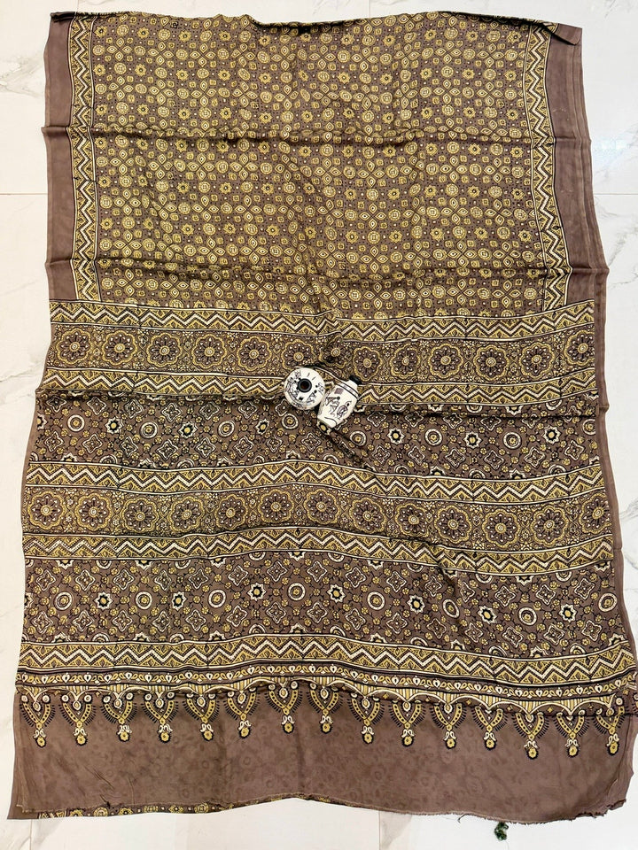 Earthy Taupe Pure Modal Silk Ajrakh Saree with Intricate Geometric Handblock Print