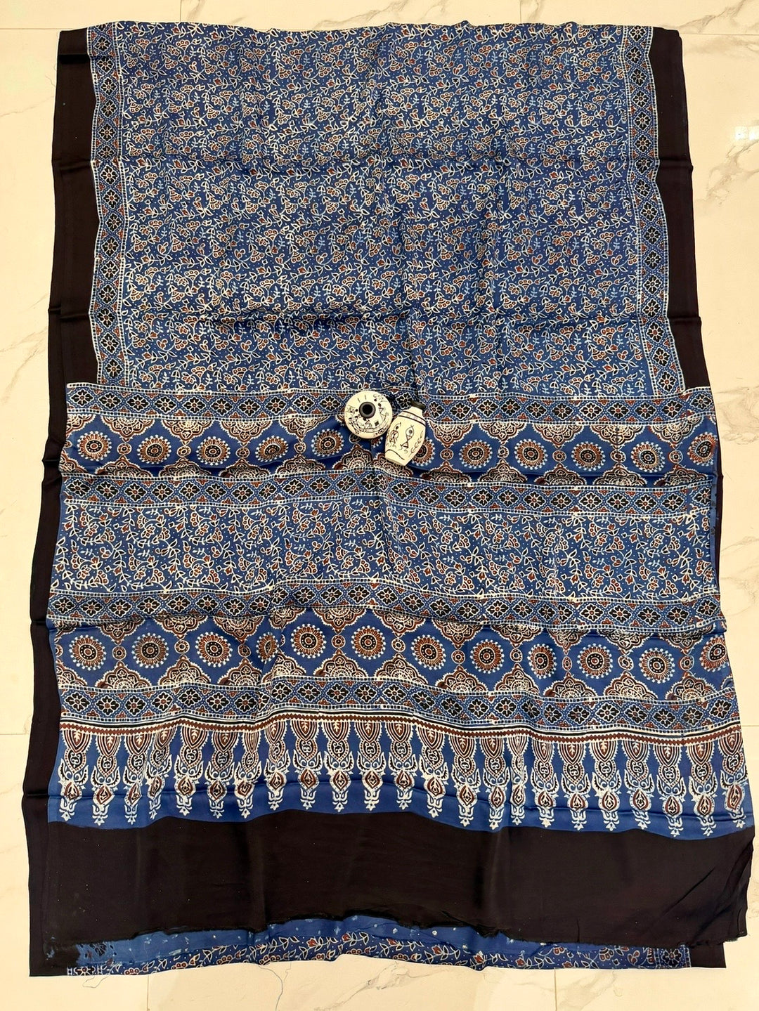 Royal Indigo Blue Pure Modal Silk Ajrakh Saree with Intricate All-Over Handblock