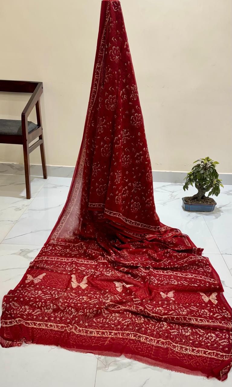 Premium Deep Red Chiffon Saree with Delicate White Floral Hand Block Print and Butterfly Pallu