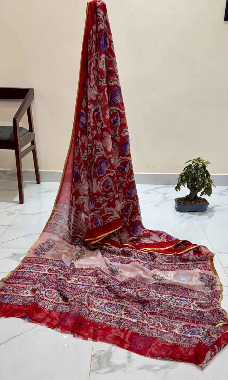 Vintage Rose Red Chiffon Saree with Bold Floral Vines and Traditional Paisley Border Detailing
