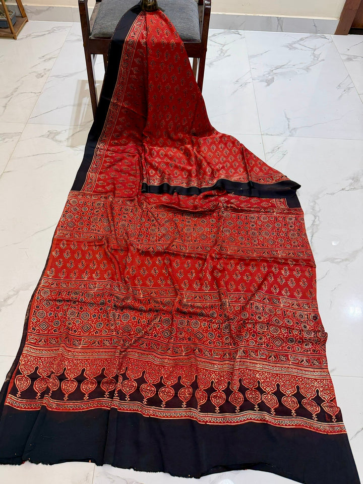 Scarlet Red Pure Modal Silk Ajrakh Saree with Traditional Paisley & Bootee Print