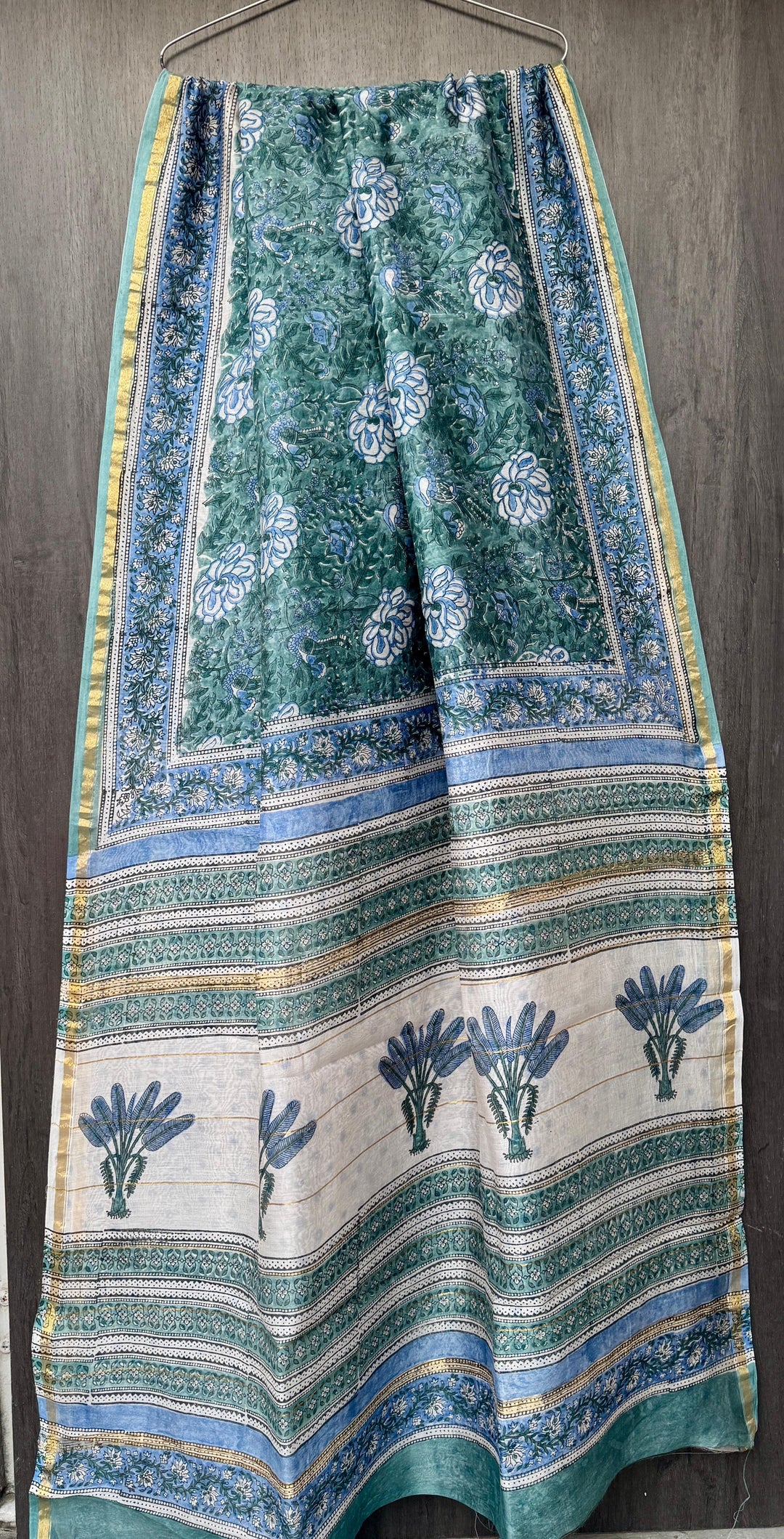 Sea Green and White Chanderi Silk Saree with Handblock Floral Pallu
