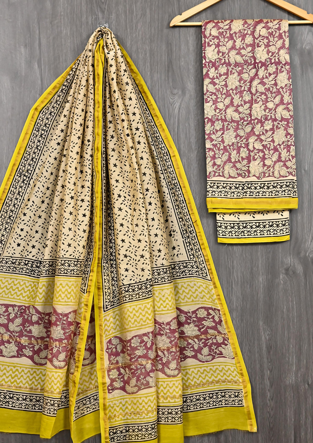 Mauve Floral Vine Hand Block Printed Pure Chanderi Silk Suit Set with Sunlit Yellow Borders