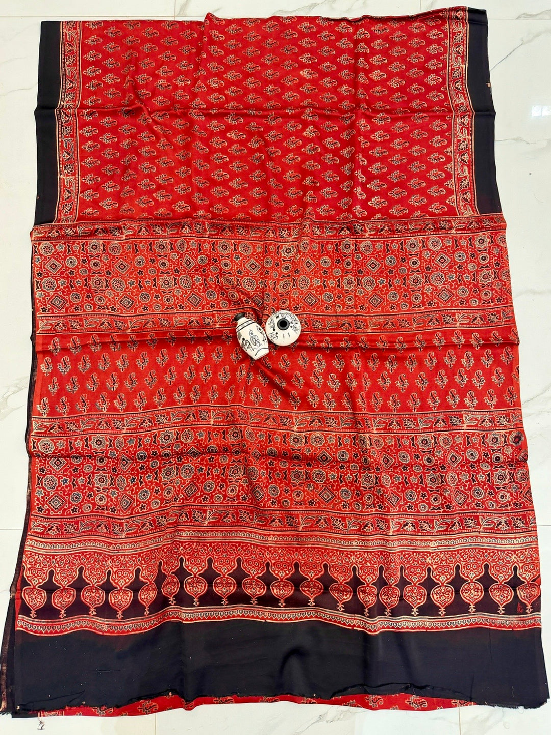 Scarlet Red Pure Modal Silk Ajrakh Saree with Traditional Paisley & Bootee Print