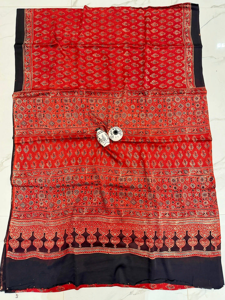 Scarlet Red Pure Modal Silk Ajrakh Saree with Traditional Paisley & Bootee Print