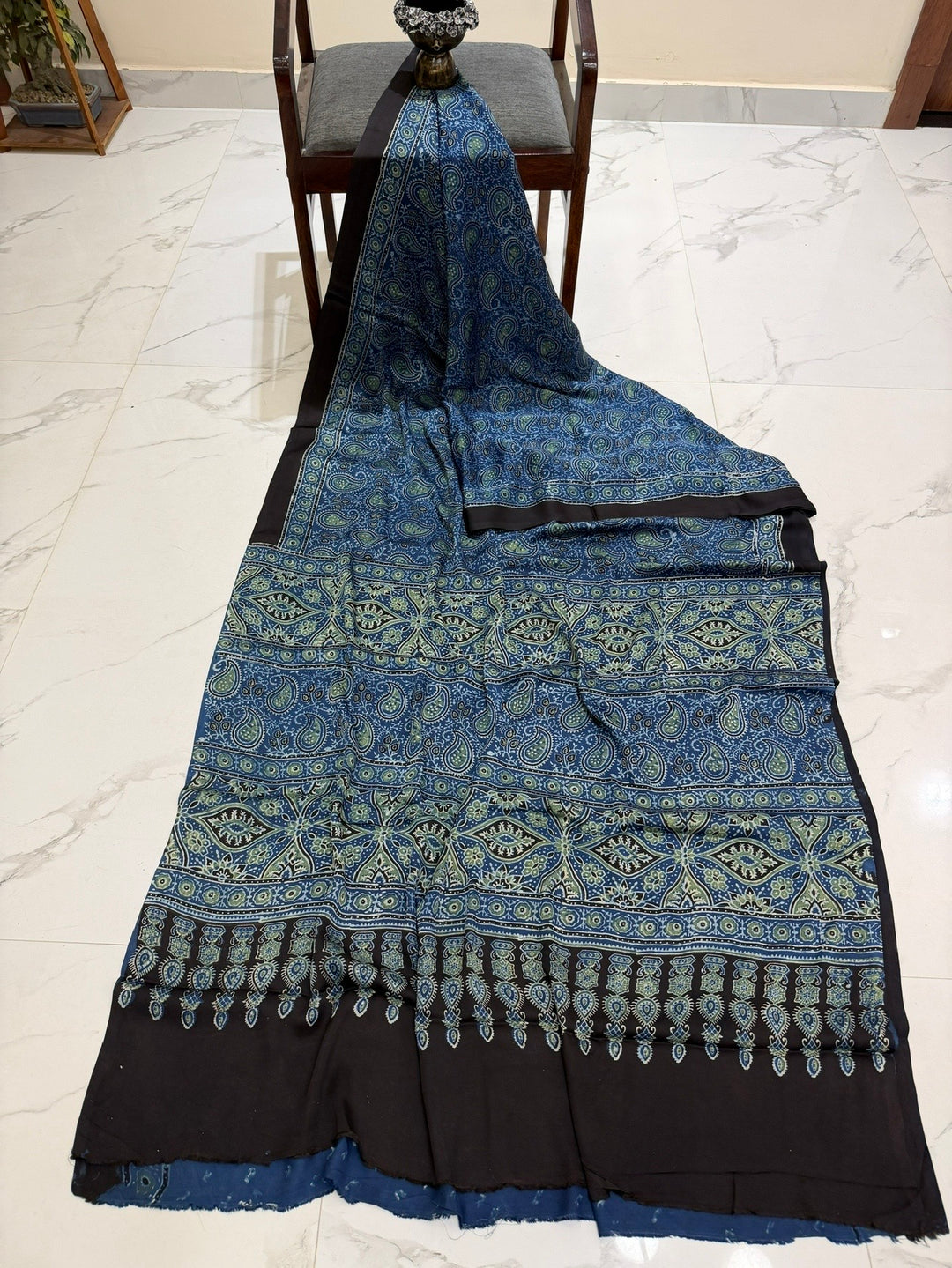 Prussian Blue Pure Modal Silk Ajrakh Saree with Elegant Teal Green Accents
