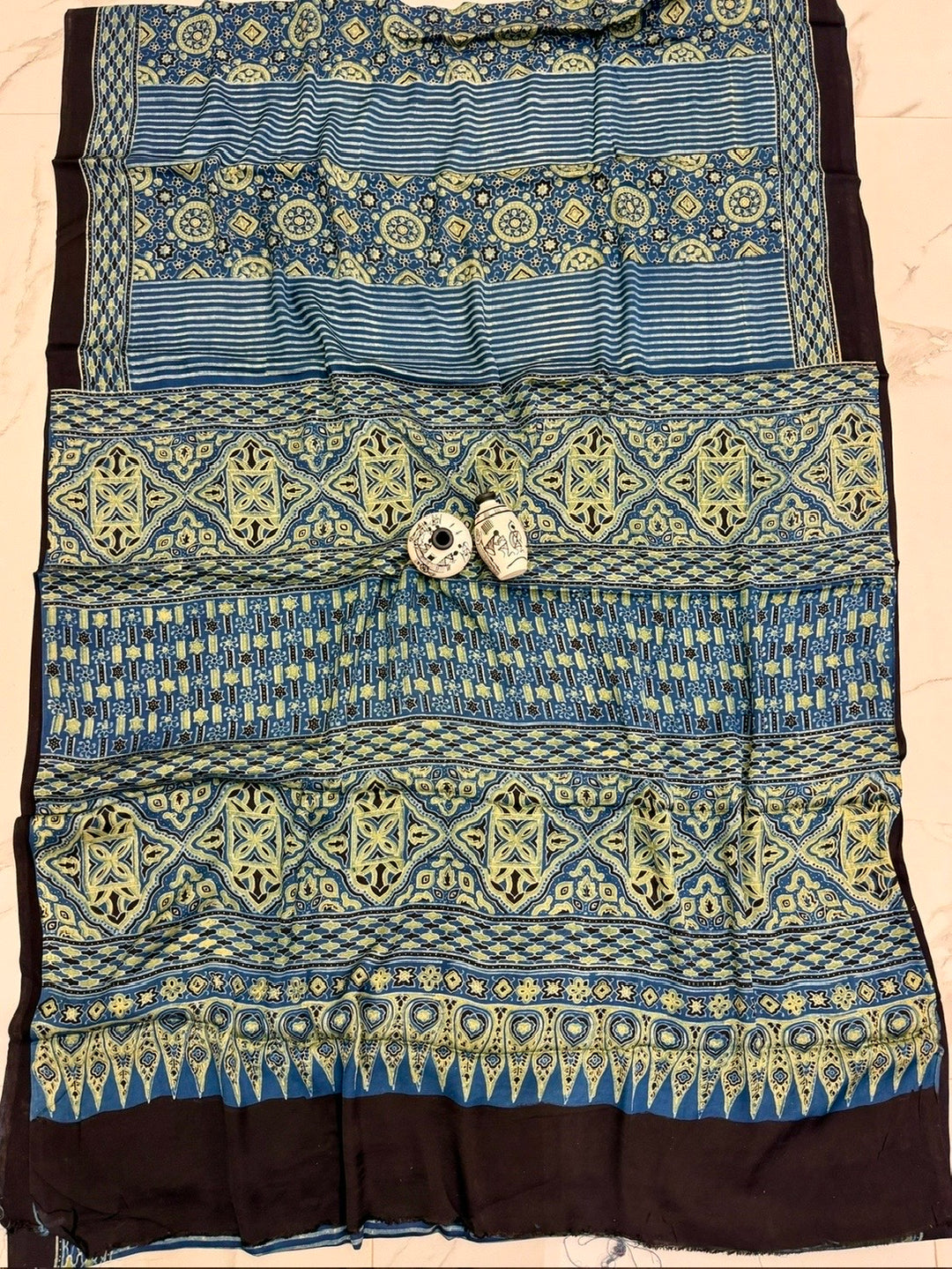 Prussian Blue Pure Modal Silk Ajrakh Saree with Elegant Teal Green Accents