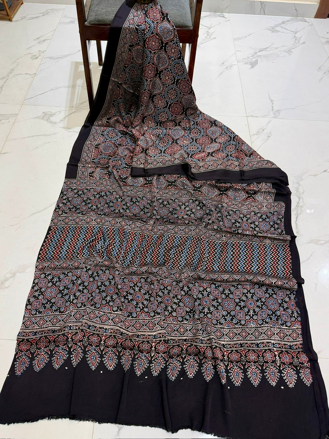 Midnight Black Pure Modal Silk Ajrakh Saree with Zig-Zag Patterns & Star Motifs