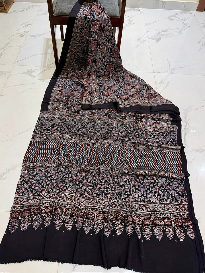 Midnight Black Pure Modal Silk Ajrakh Saree with Zig-Zag Patterns & Star Motifs