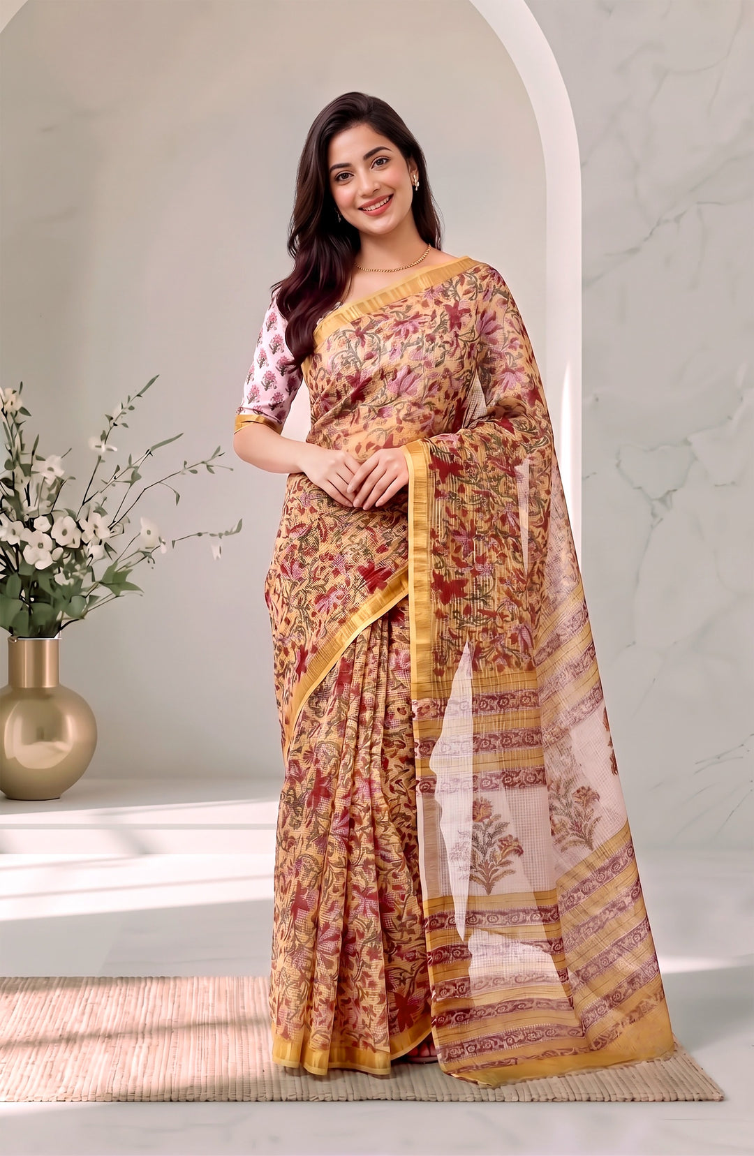 Mustard Yellow & Berry Handblock Printed Pure Kota Doria Saree