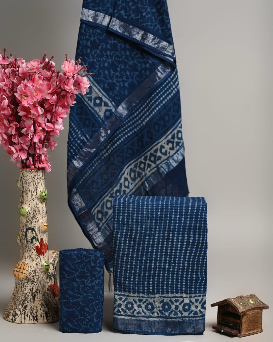 Indigo Blue Handblock Printed Pure Linen Cotton Suit Set with Striped Dupatta