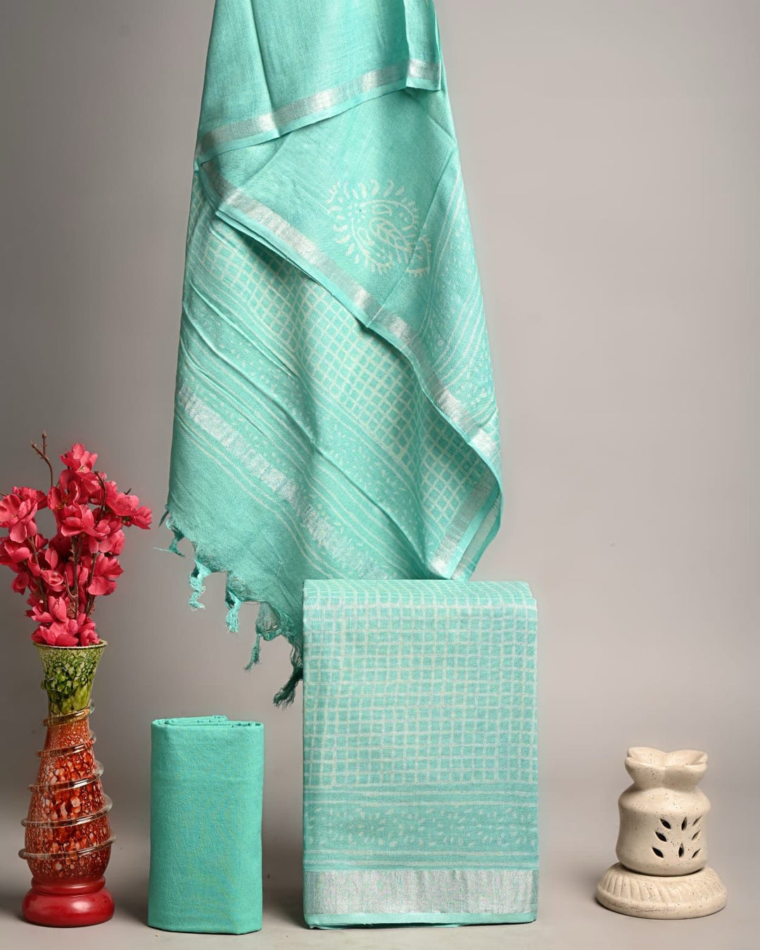 Seafoam Mint Green Jaal Print Pure Linen Cotton Suit with Zari Border