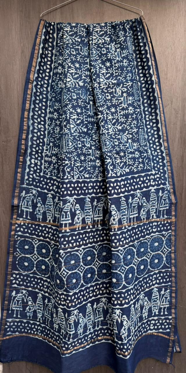 Chanderi Bagru Handblock Printed Silk Cotton Saree With Blouse - Indigo Blue
