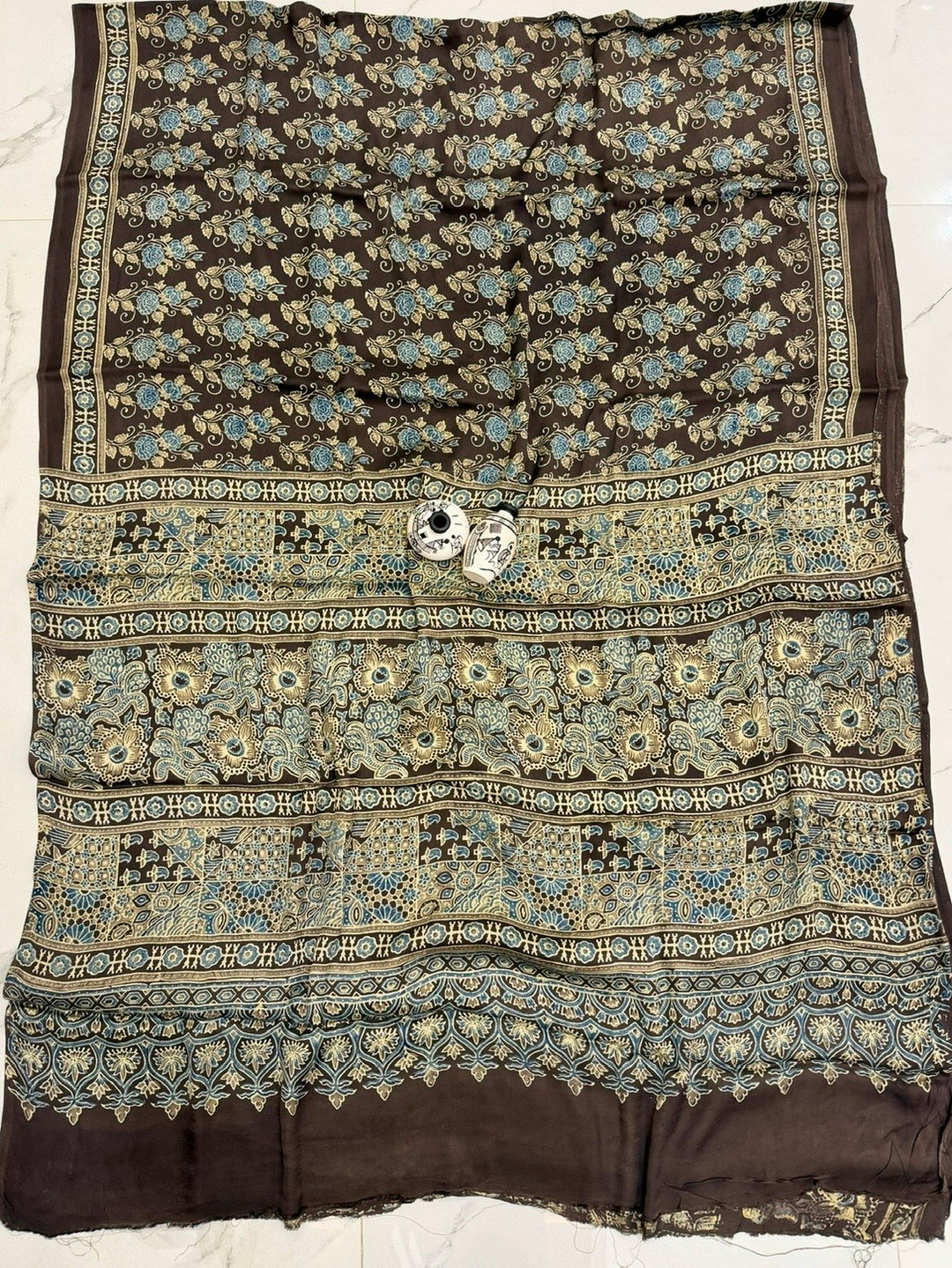 Dark Chocolate Pure Modal Silk Ajrakh Saree with Medallion Borders & Floral Butis