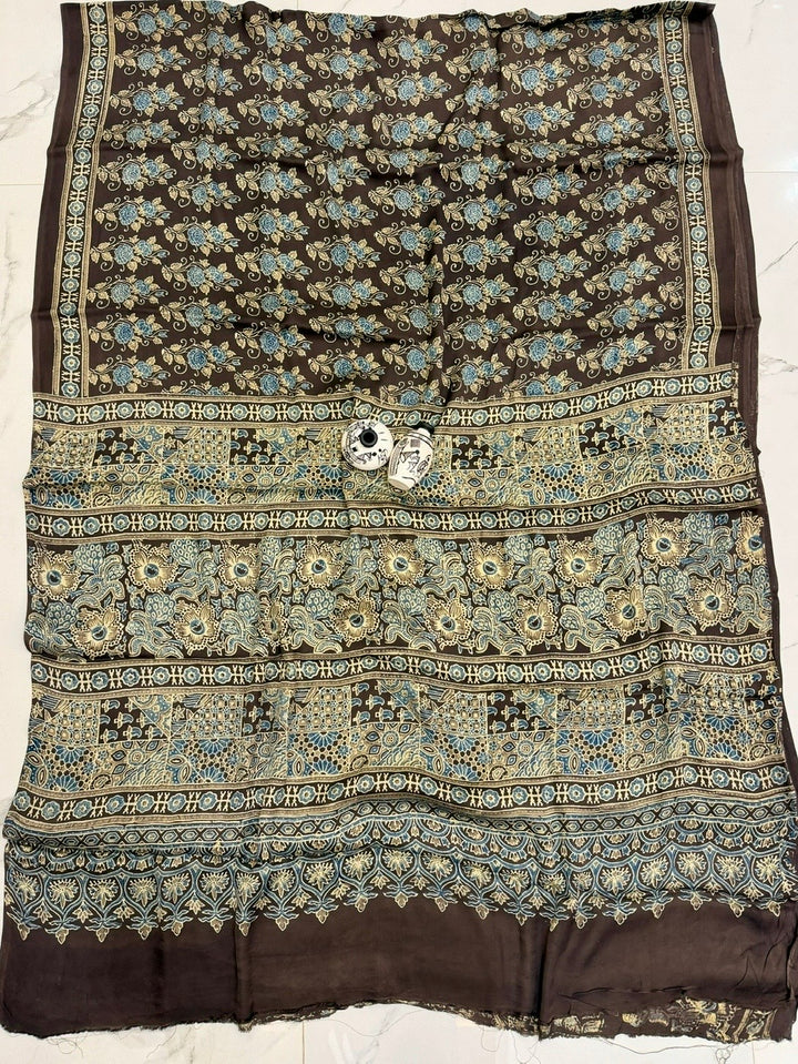 Dark Chocolate Pure Modal Silk Ajrakh Saree with Medallion Borders & Floral Butis