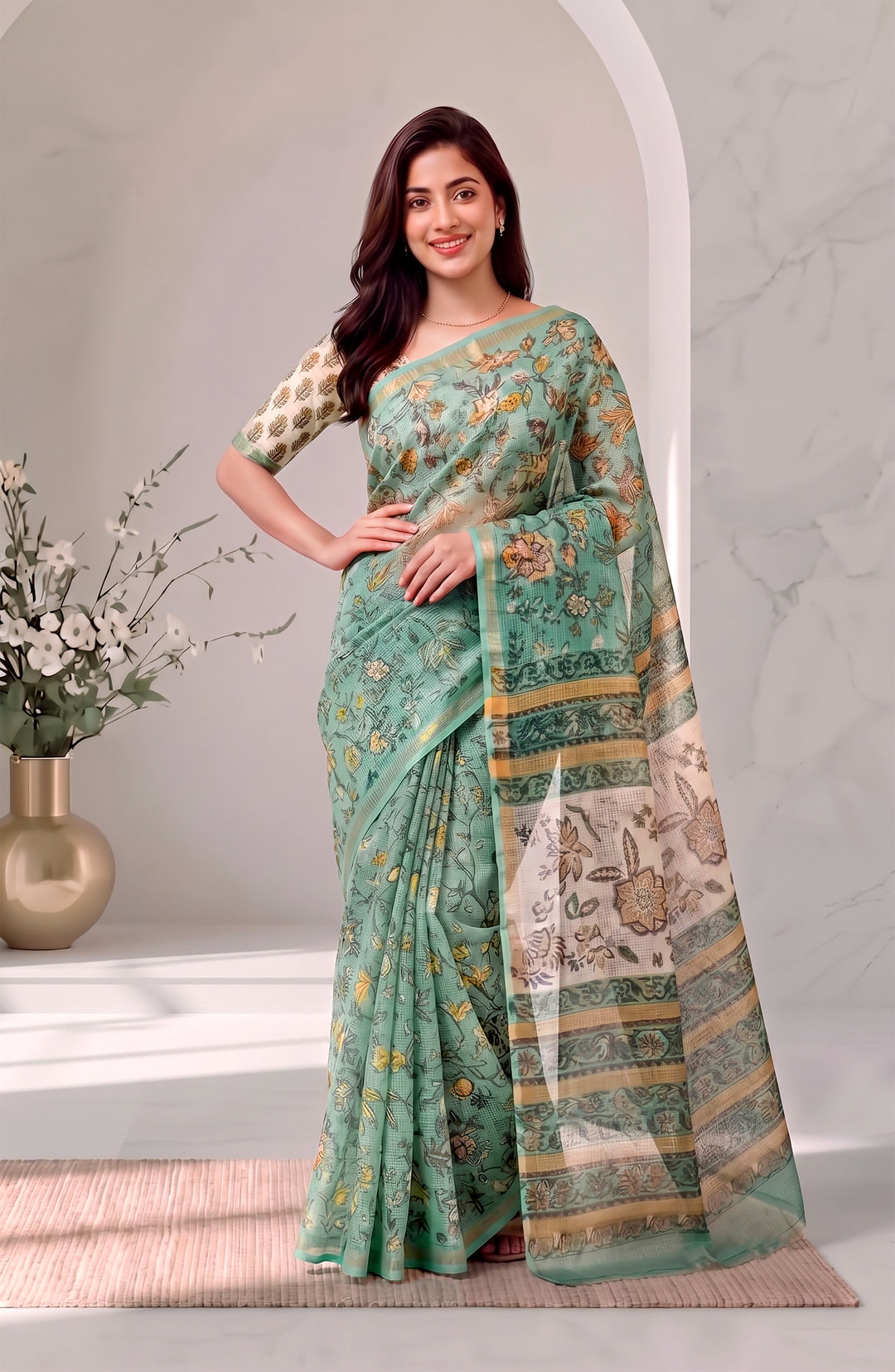 Seafoam Green Handblock Printed Pure Kota Doria Lightweight Saree