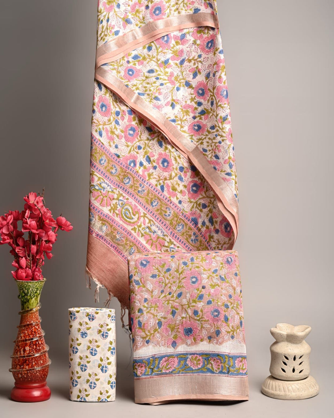 Elegant Floral Handblock Printed Pure Linen Cotton Suit with Zari Border