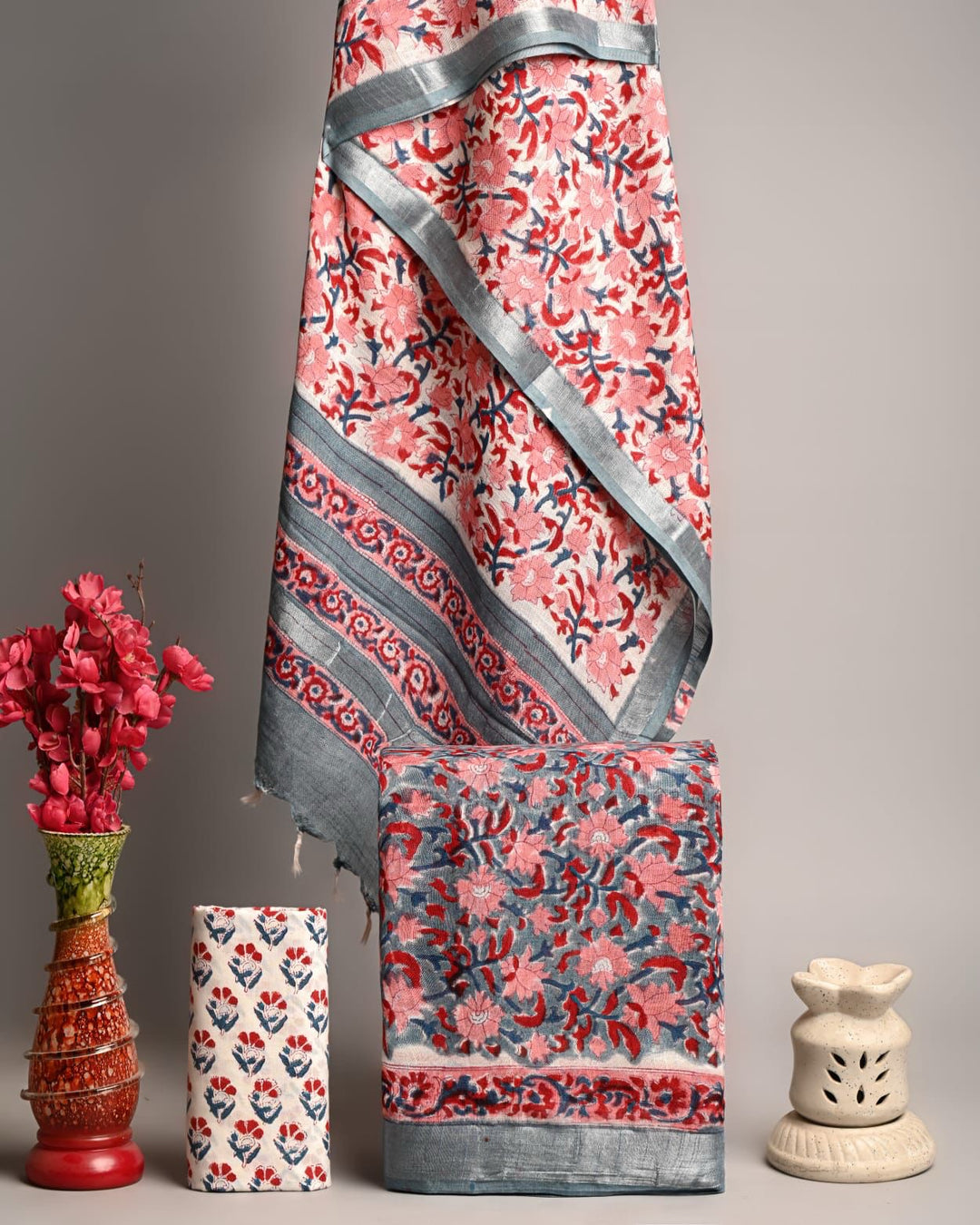 Classic Grey & Red Floral Handblock Printed Pure Linen Cotton Suit