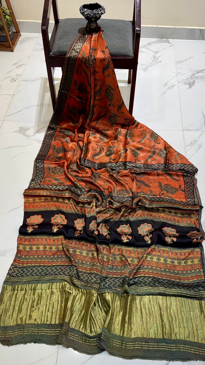 Terracotta Red and Black Pure Gajji Silk Ajrakh Handblock Printed Saree with Tissue Pallu