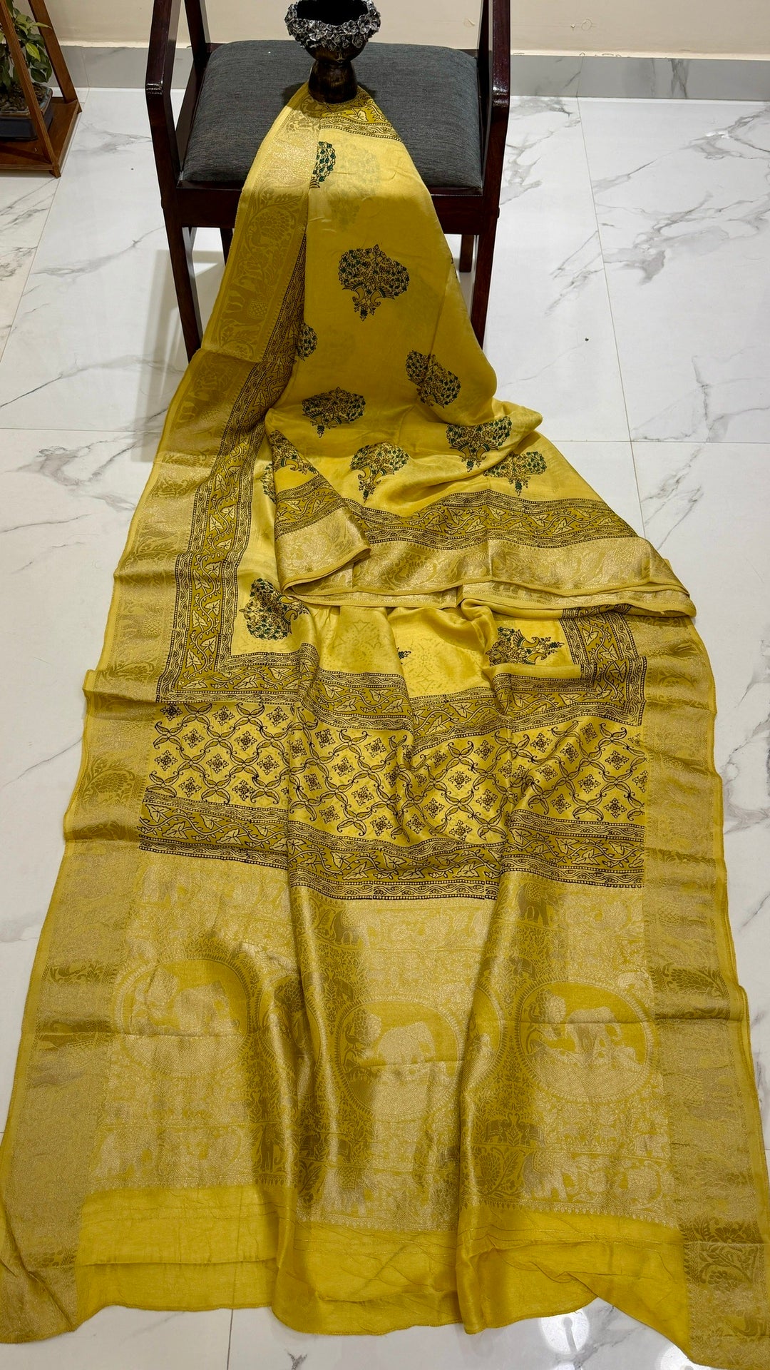 Pure Dola Silk Ajrakh Handblock Printed Saree in Bright Yellow with Delicate Butis