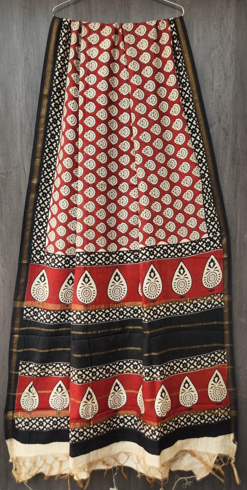 Classic Red and Black Ajrakh Handblock Printed Chanderi Silk Saree