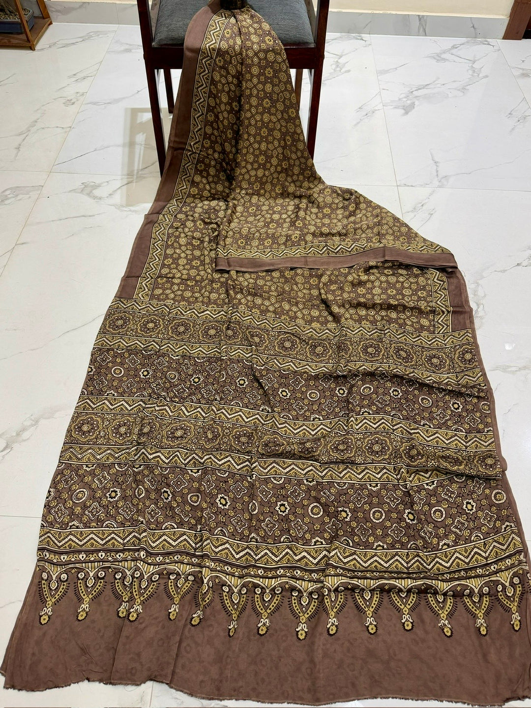 Earthy Taupe Pure Modal Silk Ajrakh Saree with Intricate Geometric Handblock Print