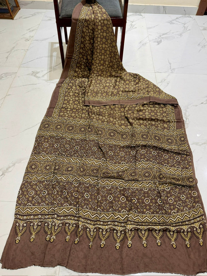 Earthy Taupe Pure Modal Silk Ajrakh Saree with Intricate Geometric Handblock Print