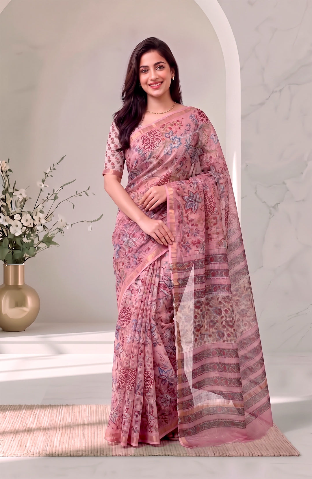 Pastel Rose Pink Handblock Floral Pure Kota Doria Saree