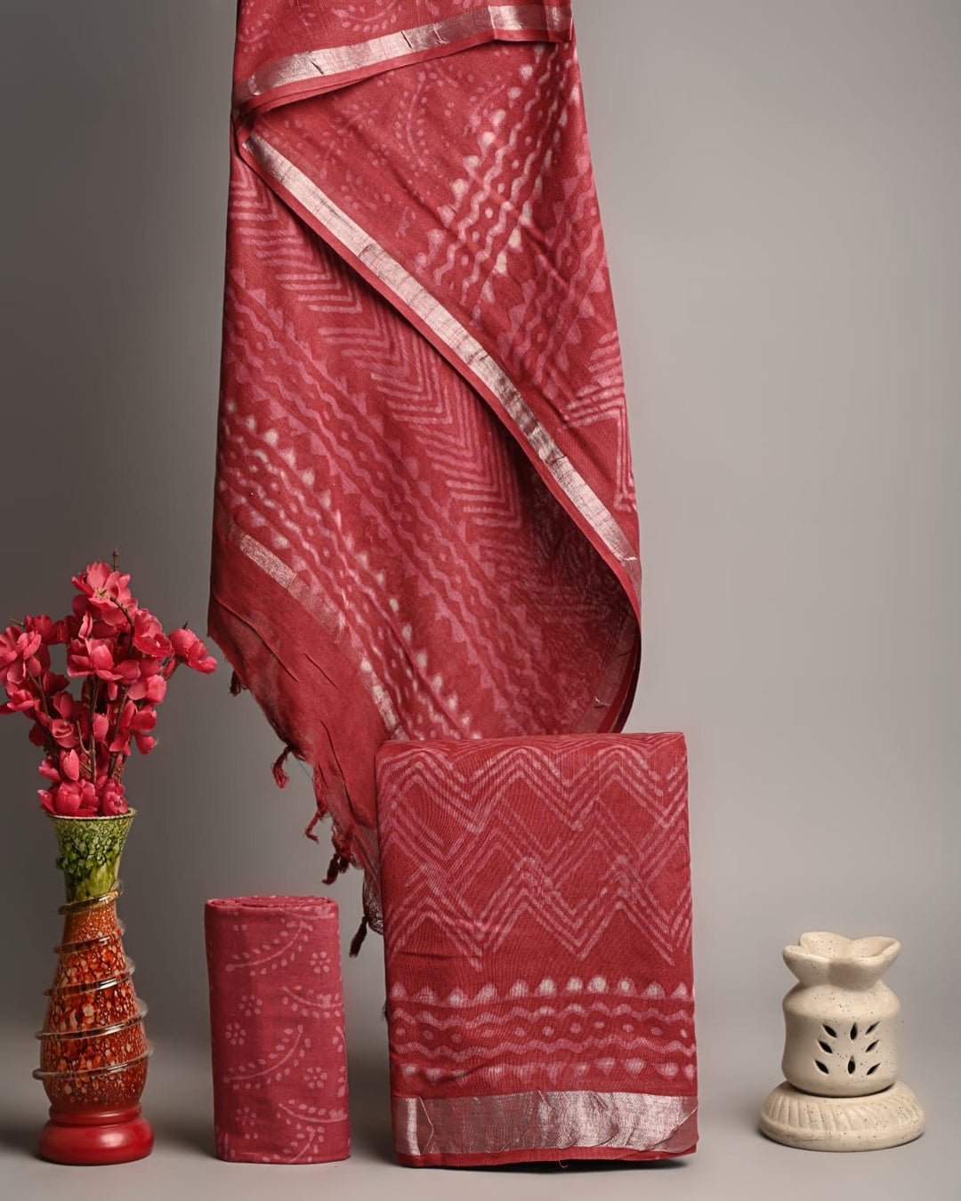 Pure Linen Cotton Handblock Printed Suit with Shibori Pattern in Deep Maroon