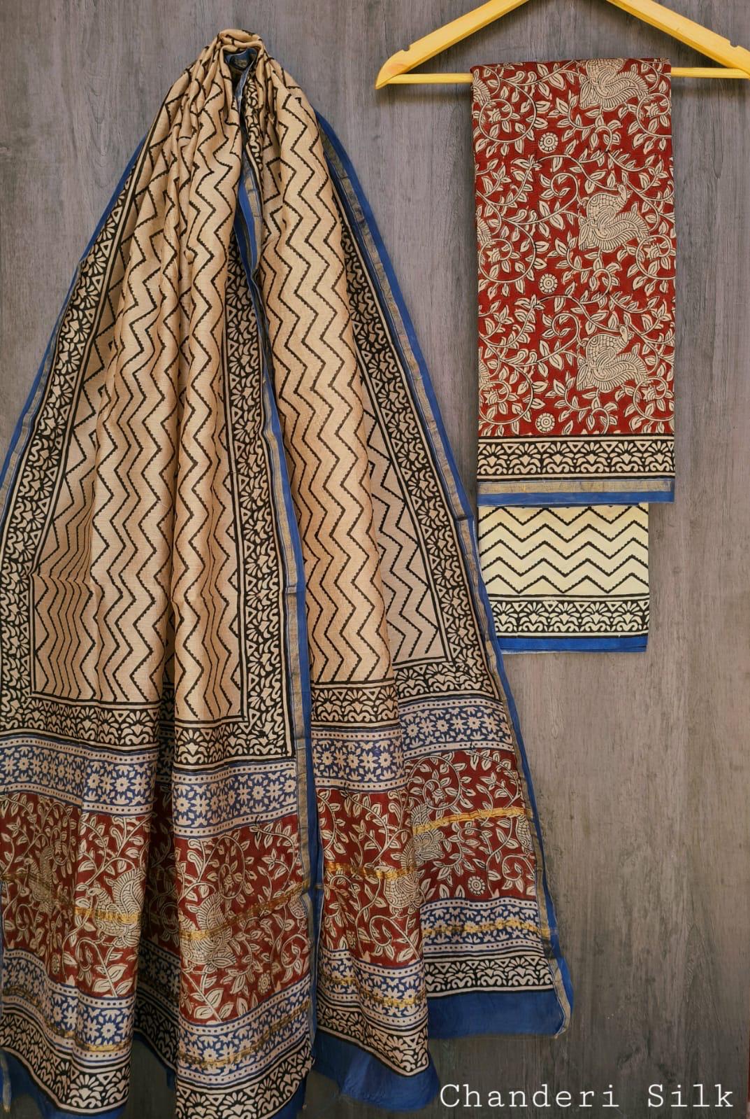Rust Red Hand Block Printed Pure Chanderi Silk Suit Set with Chevron and Vine Patterns