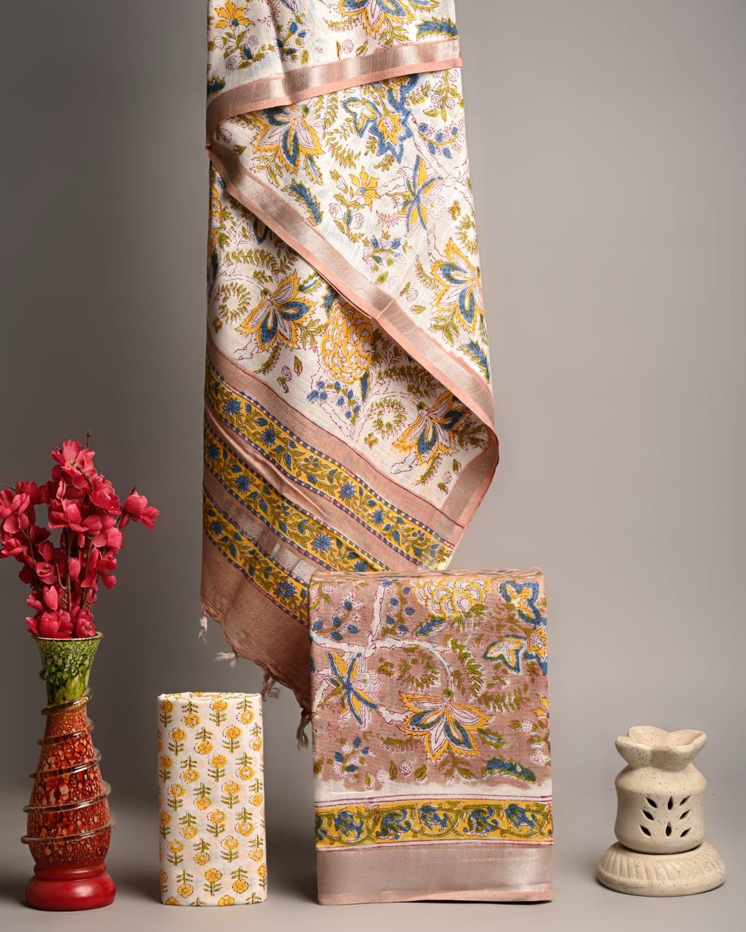 Summer Special Handblock Printed Pure Linen Cotton Suit in Yellow & White