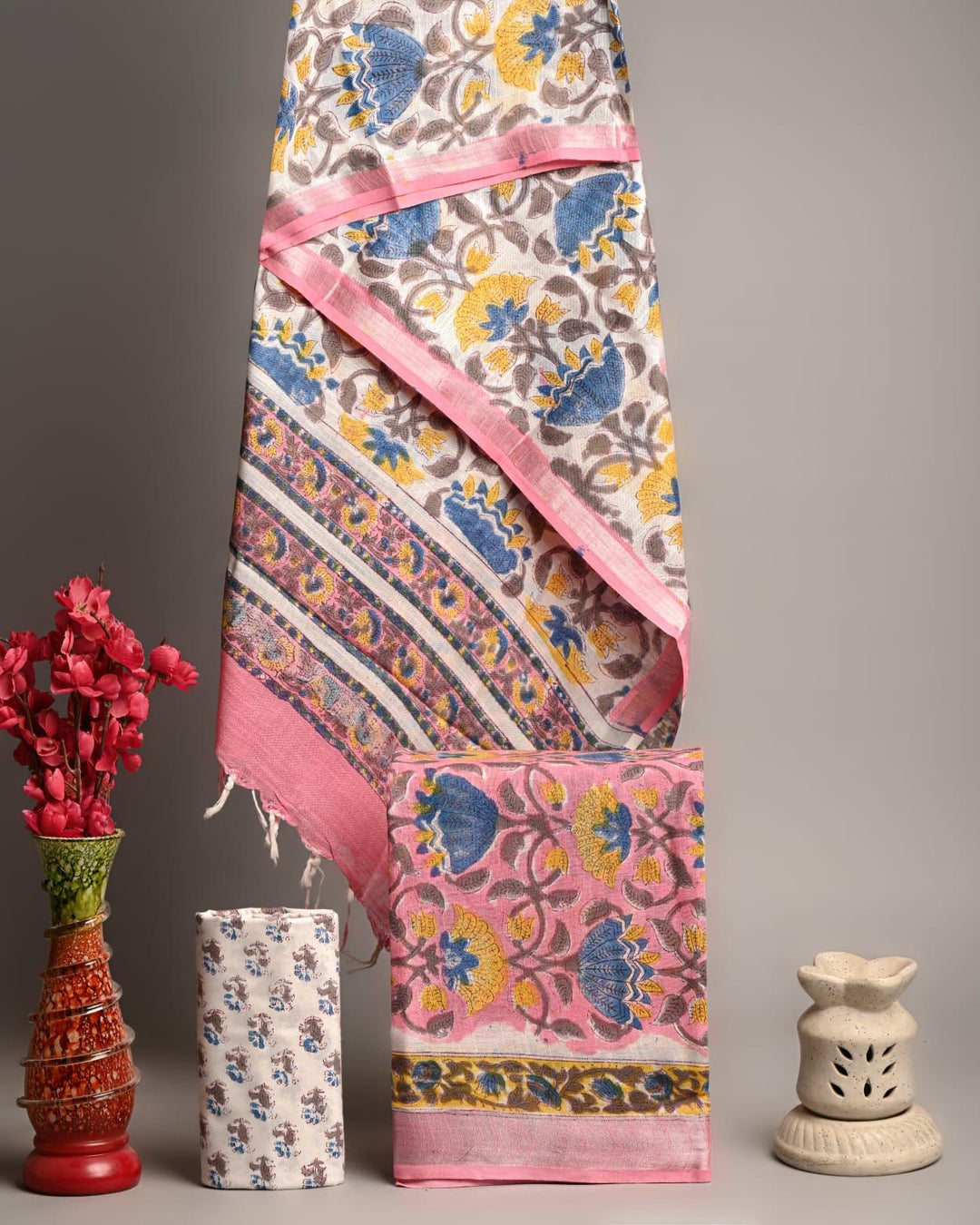 Multi-Color Pastel Floral Handblock Printed Linen Cotton Suit with Pink Accents
