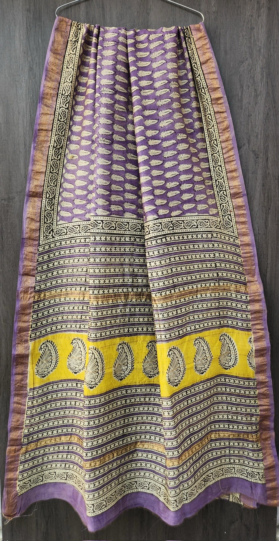 Lavender Purple & Mustard Yellow Paisley Handblock Printed Pure Maheshwari Silk Saree