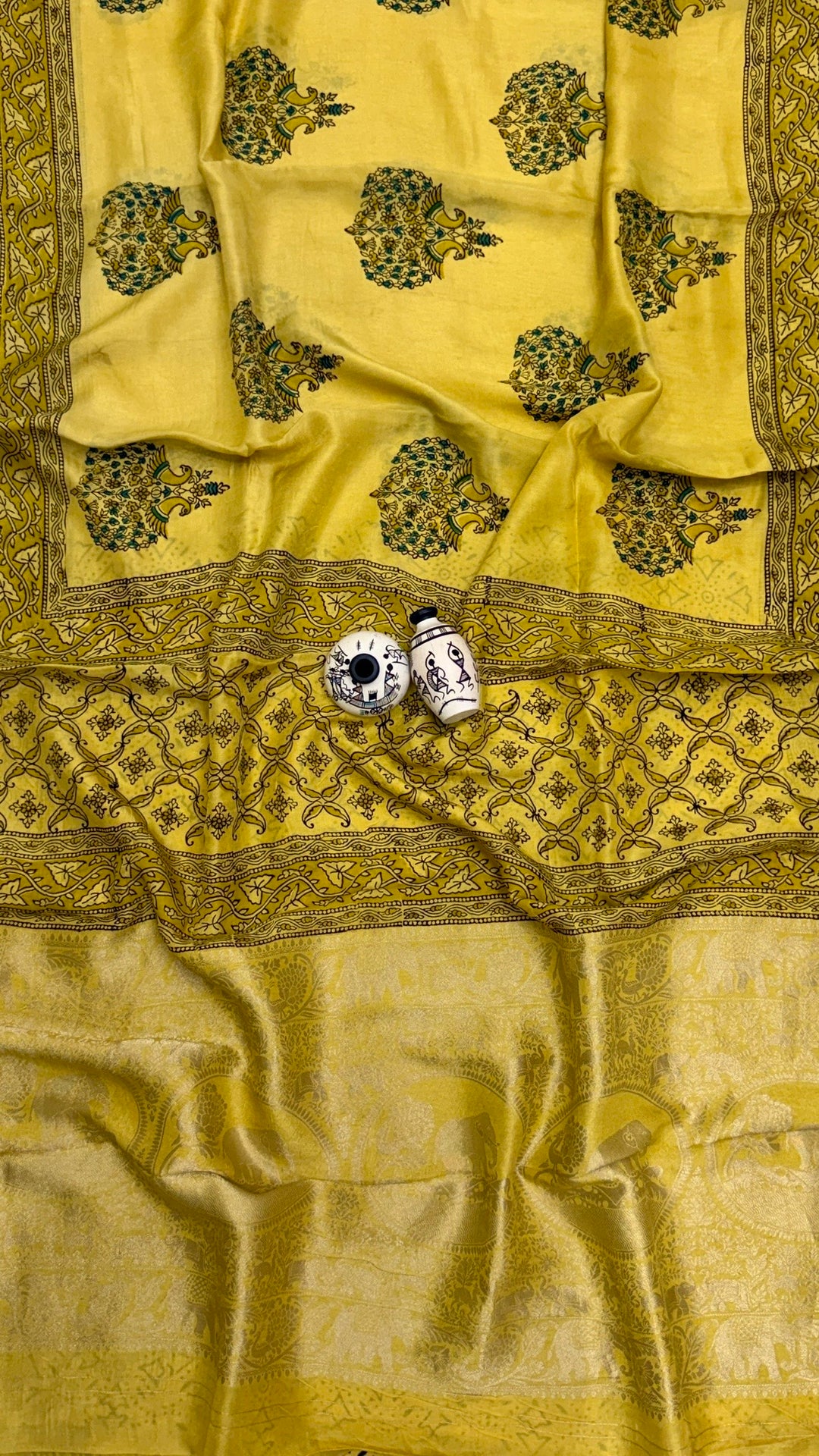 Pure Dola Silk Ajrakh Handblock Printed Saree in Bright Yellow with Delicate Butis