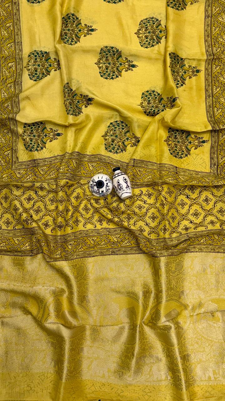 Pure Dola Silk Ajrakh Handblock Printed Saree in Bright Yellow with Delicate Butis