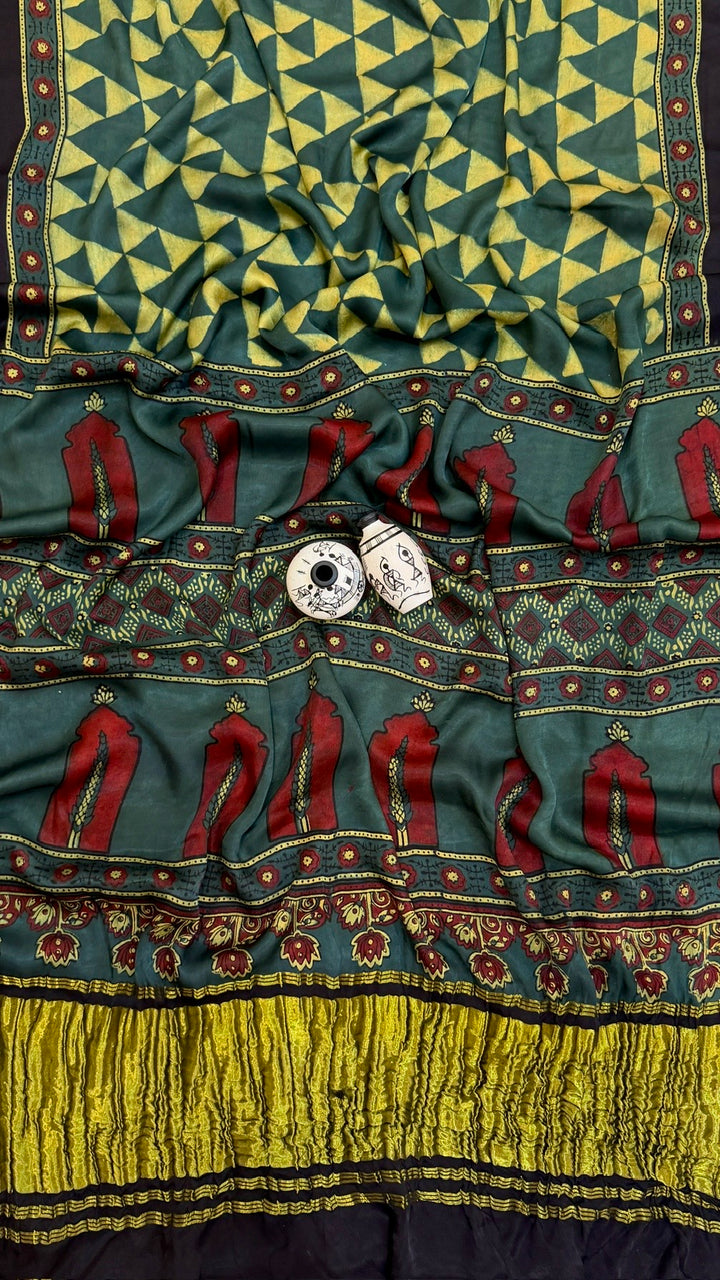 Forest Green Geometrical Ajrakh Handblock Saree in Pure Gajji Silk