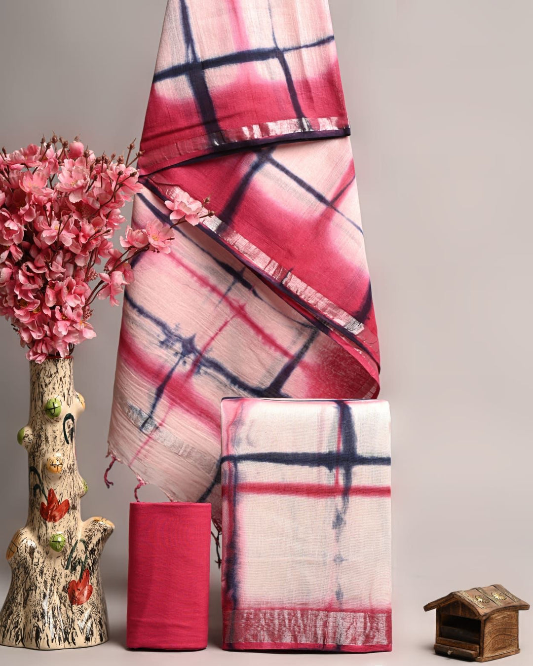 Pure Linen Cotton Handblock Printed Suit Set with Zari Border - Pink & Navy Shibori Style