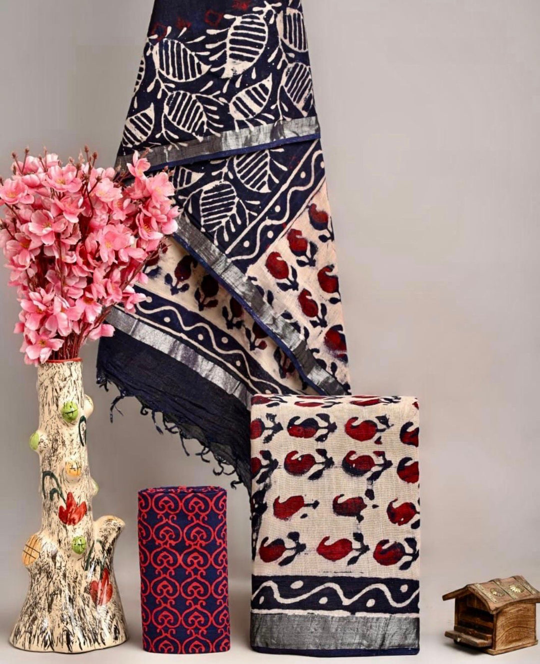 Traditional Navy Blue & Red Handblock Printed Pure Linen Cotton Suit with Silver Zari