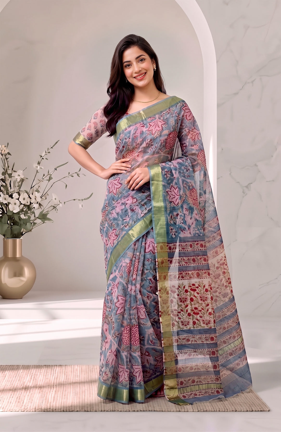 Powder Blue & Sage Floral Pure Kota Doria Handblock Saree